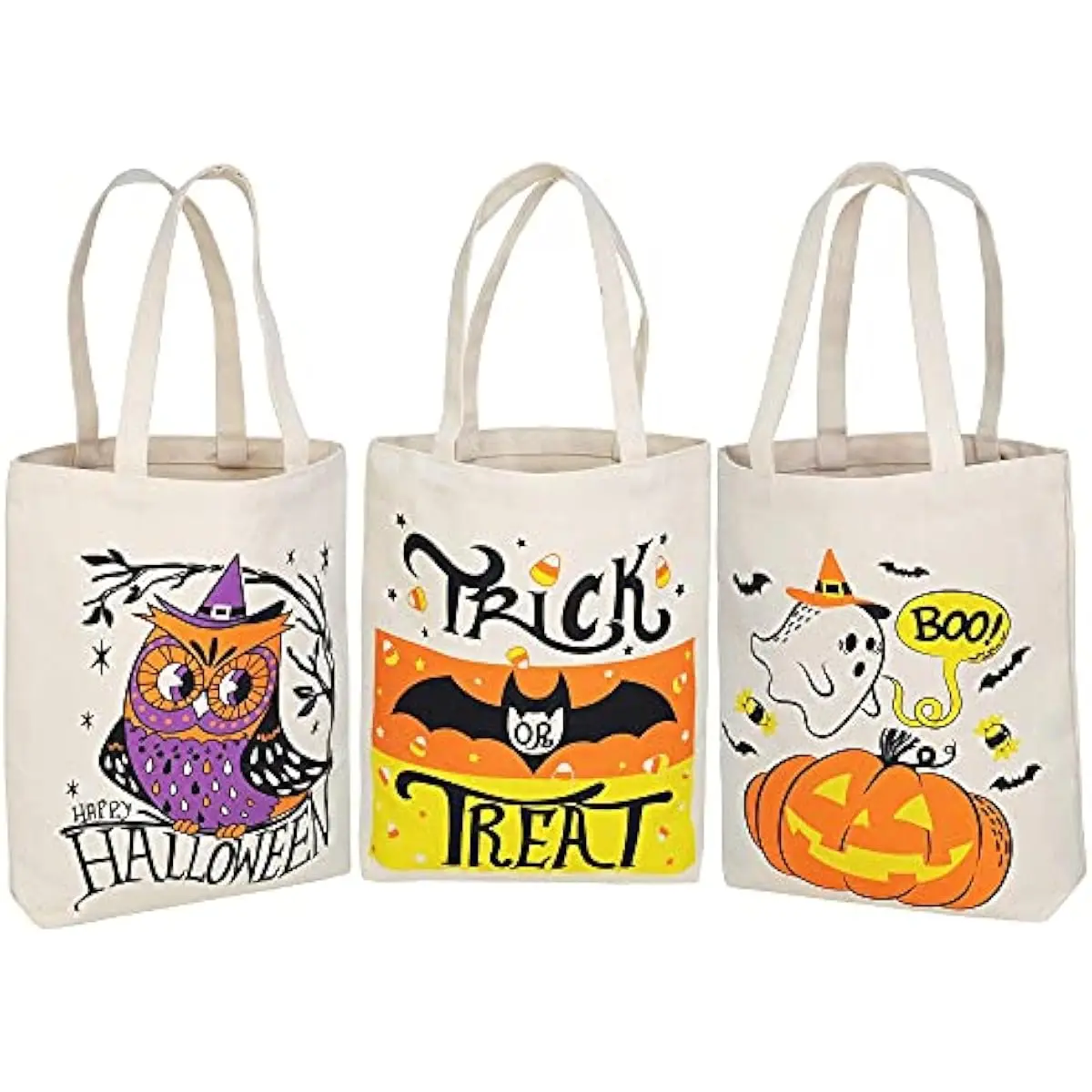 3PCS 13.75 Large Halloween Tote Treat Bags for Trick or Treating, Halloween Goodie Candy Bags, Reusable White Canvas Gift Bag for Kids Party Favor Supplies, Snack Grocery Tote with Handles