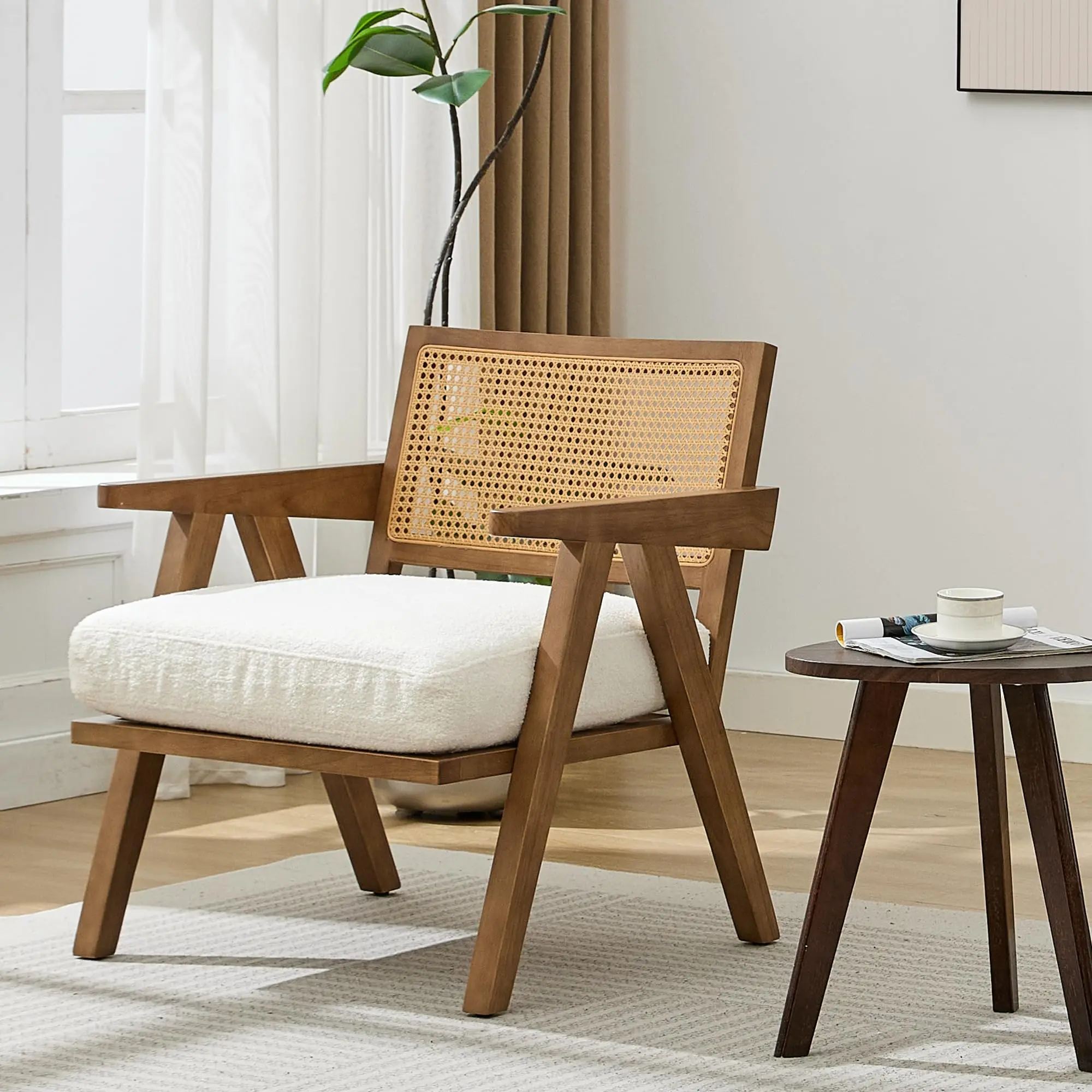 Garvee Mid-Century Modern Linen Upholstered Comfy Reading Armchair - Wooden Frame, Chair with Cushions, Clean Aesthetic Small Room Furniture for Living Room, Bedroom, 1 Unit White
