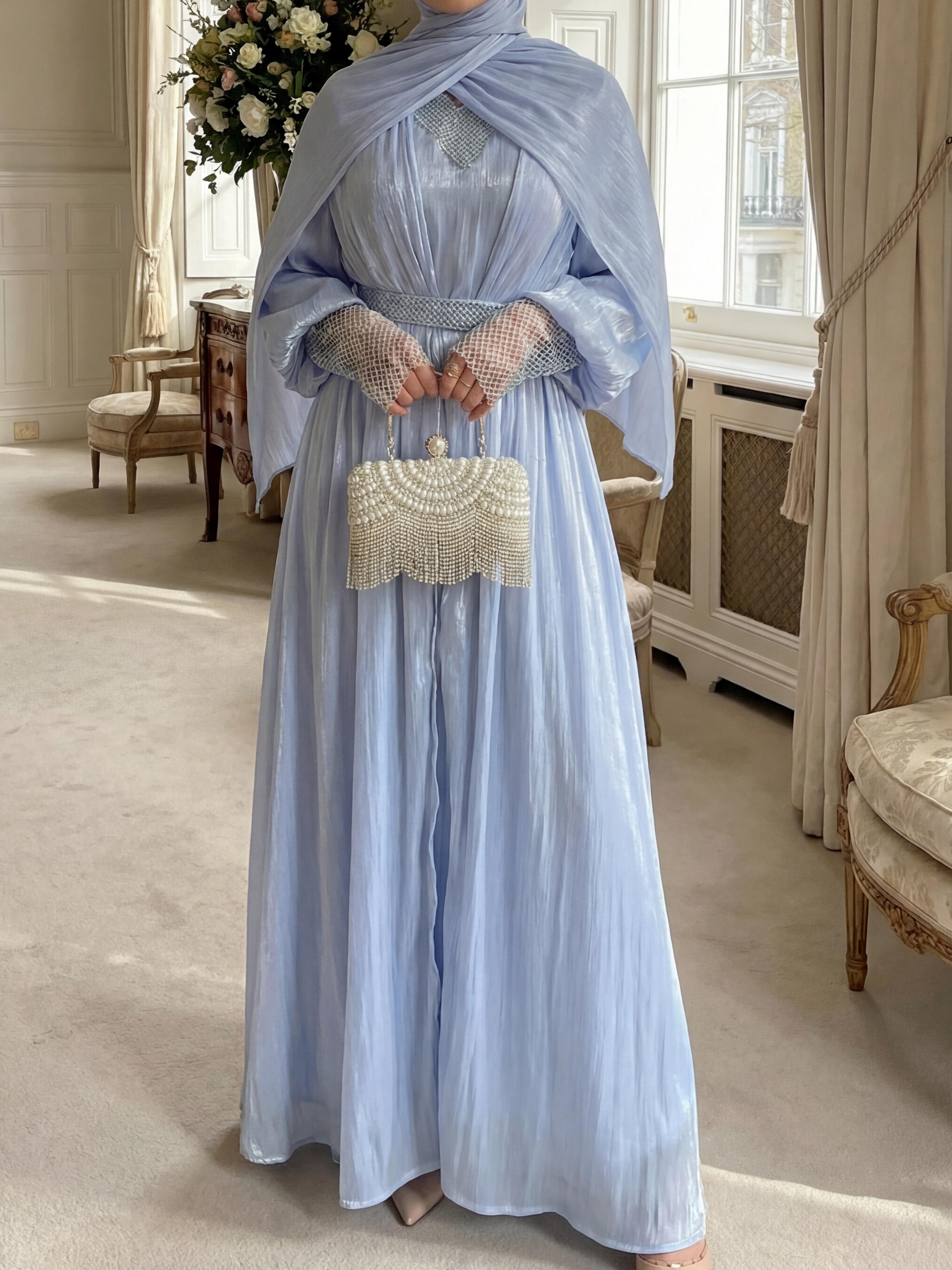 CL04 Shining Luxury Diamond Chiffon Robe Set for Weddings Dinners Dates Four-Piece Maxidresses Shararadress with Hijab Inner Dress Robe Coat and Belt