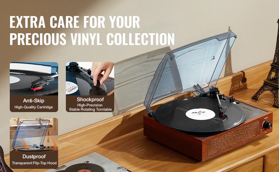 VEVOR Vinyl Record Player,  3-Speed, Belt Driven Turntable Player with Built-in 5W Stereo Speakers Magnetic Cartridge, Support 33/45/78 RPM Bluetooth Aux in RCA Output, for 7/10 /12 in Vinyl Records