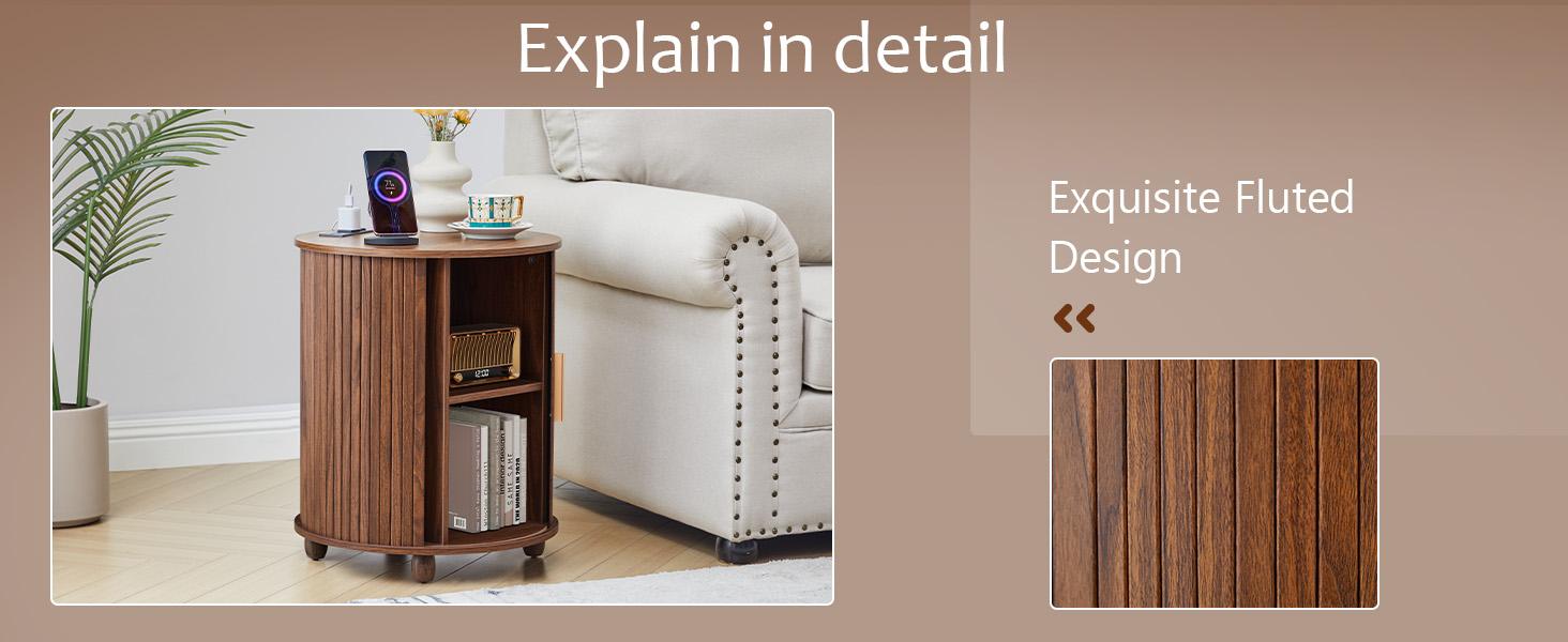 Giratree Fluted Round End Table with Charging Station, Farmhouse Small Sofa Side Table with Sliding Tambour Door & Storage, Mid-Century Wood Fulted Nightstands for Living Room, Bedroom