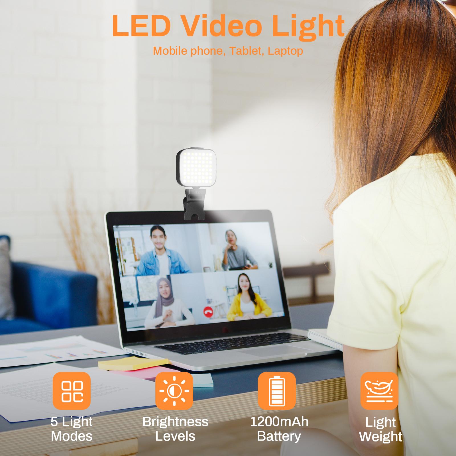 Portable LED rechargeable selfie light with front and rear clip-on cell phone light, adjustable 5 lighting modes for cell phone, IPhone, Android, IPad, laptop, makeup, selfie, video conference