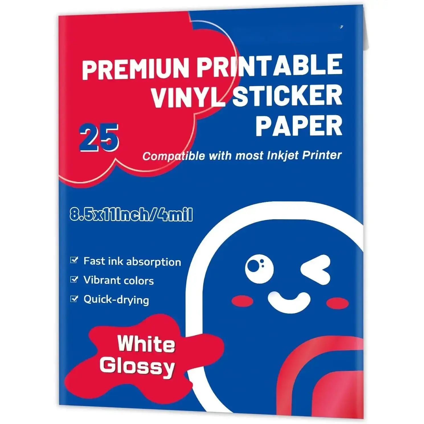 Glossy Finish Printable Vinyl Sticker Paper, 25 Sheets 8.5x11 in Letter Size for Inkjet Printer - Waterproof, Quick-Drying, Tear-Resistant White Adhesive Decals for Crisp, Vibrant Creative Printing, Indoor and Outdoor Projects