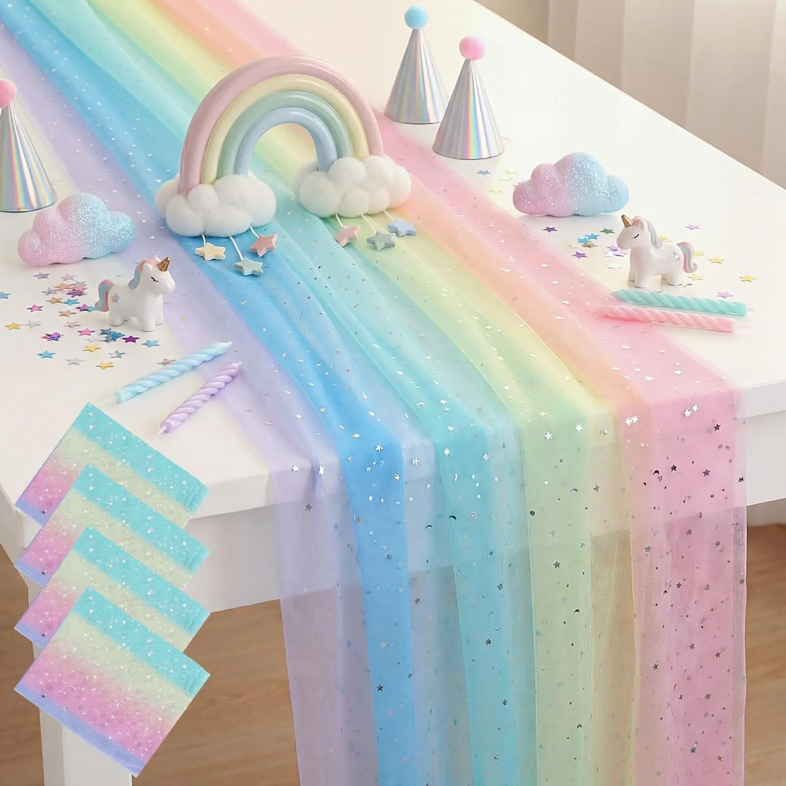 Rainbow Sheer Tablecloth, Colorful Lace Decor, Home Kitchen Garden Party Unicorn Birthday Party Decorations Baby Shower Wedding Decoration Party Decor Supplies, 1 Piece/4 Pieces, Table Covers