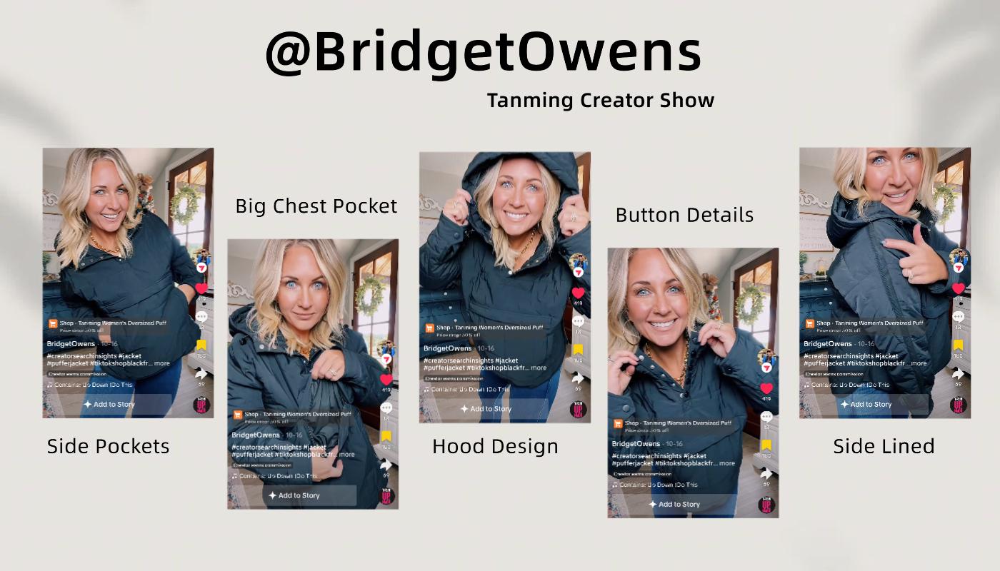 Tanming Women's Oversized Hooded Pullover Puffer Jacket Lightweight Quilted with Chest & Side Pockets Spring Winter Outwear Outfit Casual Longsleeves