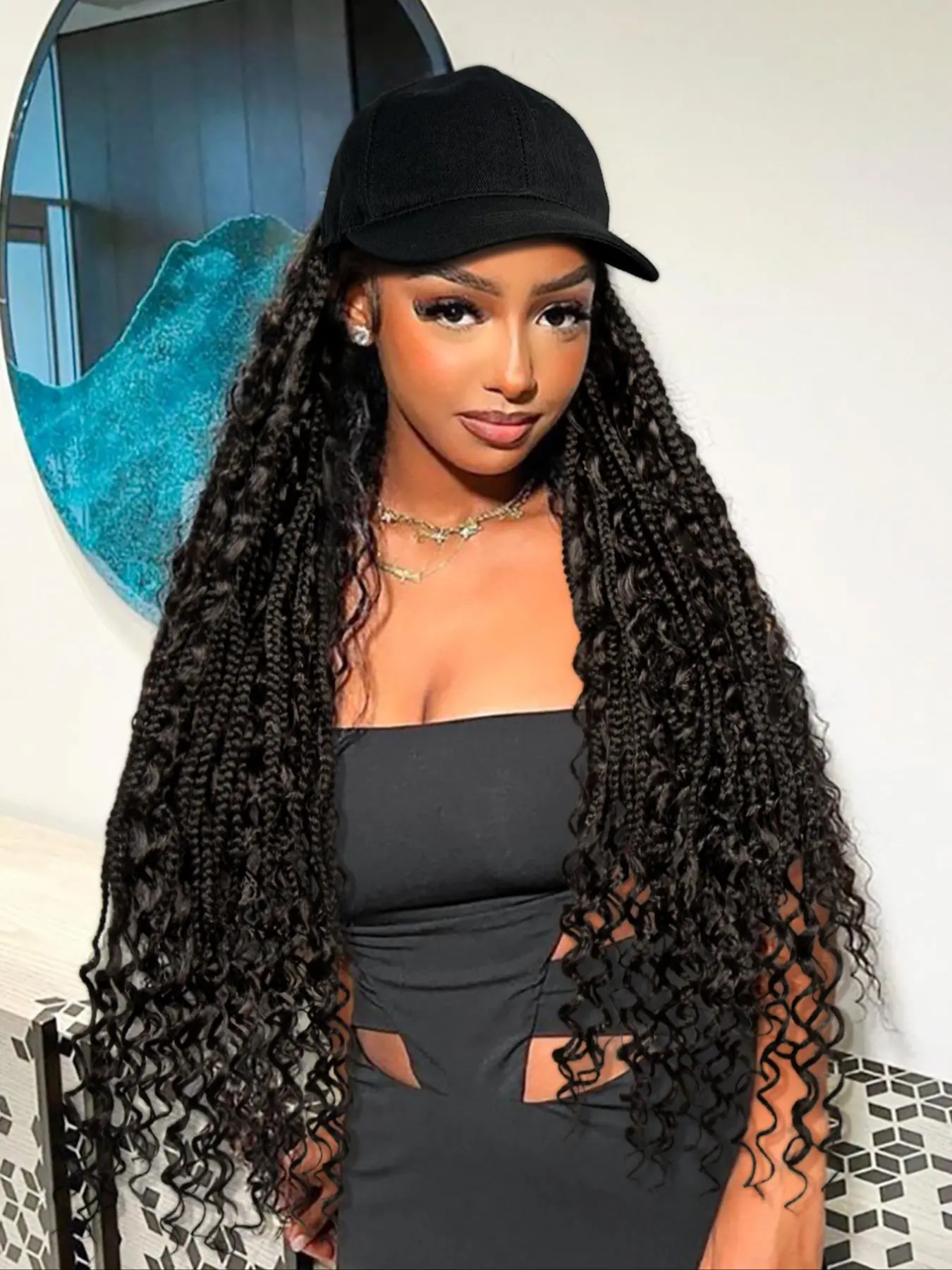Long Braided Knotless Wig with Baseball Cap, Boho Style Synthetic Curly Hair, Full Machine Made Wigs for Women, Fashionable Hair Wigs for Daily & Workplace Accessories, Synthetic Material Wigs, Boho Braids Wig
