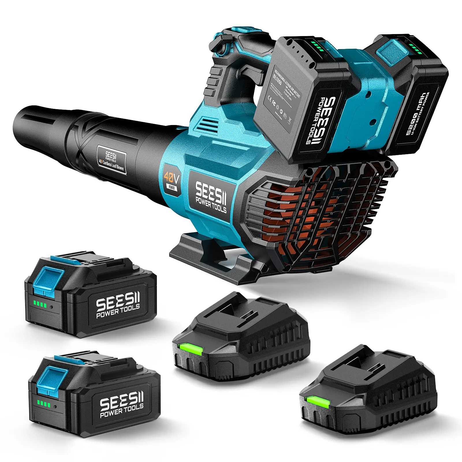 【SEESII】 40V Cordless Leaf Blower, Rechargeable Super Power Blower with Brushless Motor (680CFM/210MPH), 2x5200mAh Batteries, 2xChargers, Variable Speed Control & Turbo Button for Lawn Care/Debris, Rechargeable Blower