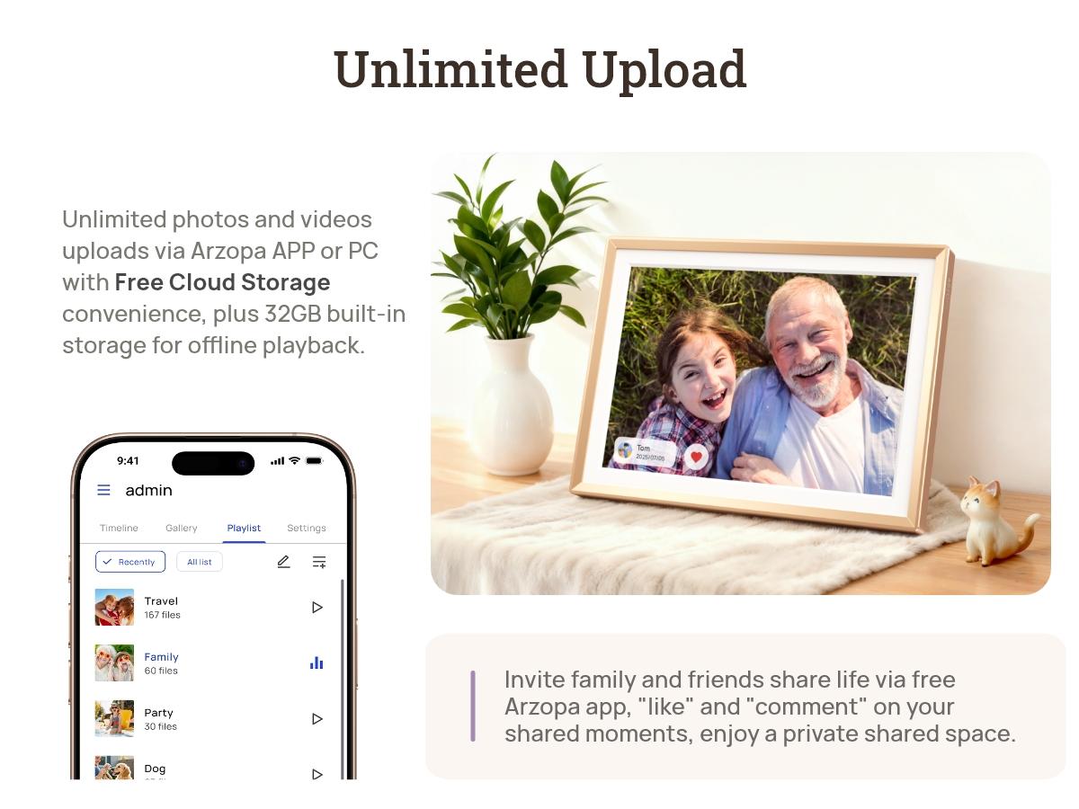 ARZOPA 14.0" Gold Digital Photo Frame Free Unlimited Cloud Storage Touch Screen Auto-Rotate 120s Video Slideshow for Family Friends Couples Nostalgic Memories Display Decor