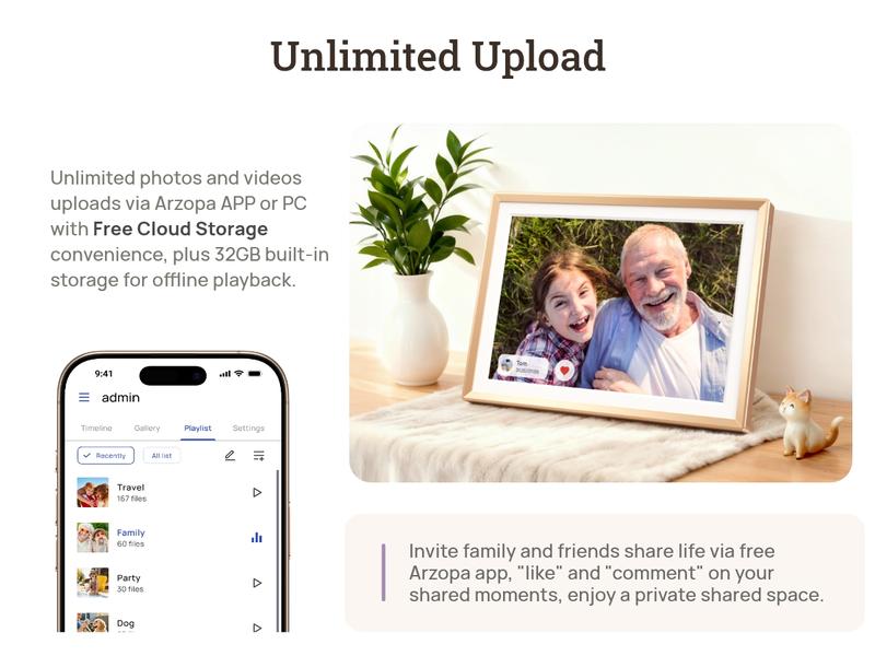 ARZOPA 14.0" Gold Digital Photo Frame Free Unlimited Cloud Storage Touch Screen Auto-Rotate 120s Video Slideshow for Family Friends Couples Nostalgic Memories Display Decor