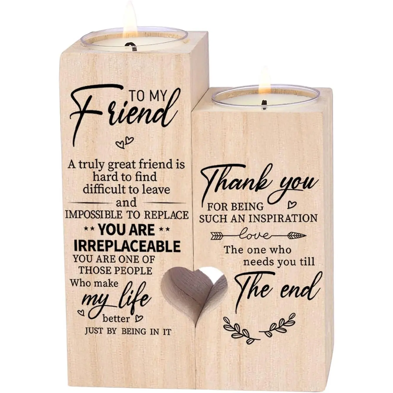 Double-Sided Printing Wood Candle Holders (4.72 in*3.54 in*1.77 in) - Room Decor Light, Personalized Custom Gift for Women, All-Season Birthday Present with "To My Friend, You are IRREPLACEABLE, Thank You for Being My Unbiological Sister" Message
