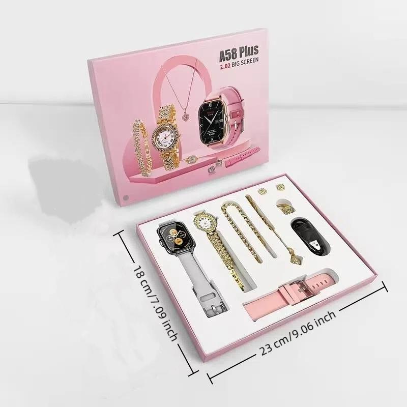 Fashion Gift A58 Plus Women's Luxury 8-In-1 Watch, 2 Bands Ring Earrings, Touchscreen Wearable Android Button Charging Chip Custom LCD Tracker