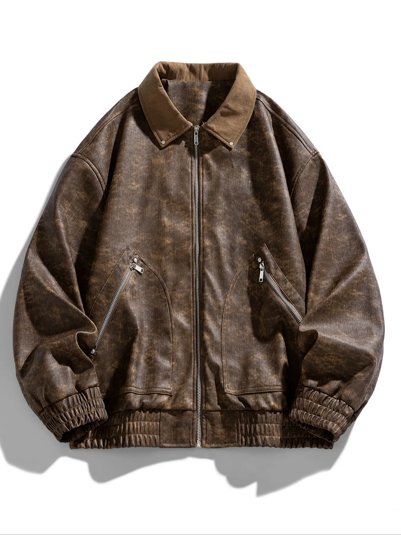 Autumn Men's Vintage Leather Jacket, Casual Classic Oversized Fitted Design, American Motorcycle Style Coat, Thicker Woven Fabric, Suitable for Ages 35-44, Solid Pocket Jacket, Menswear, Outerwear Coats, Street Fashion Outerwear