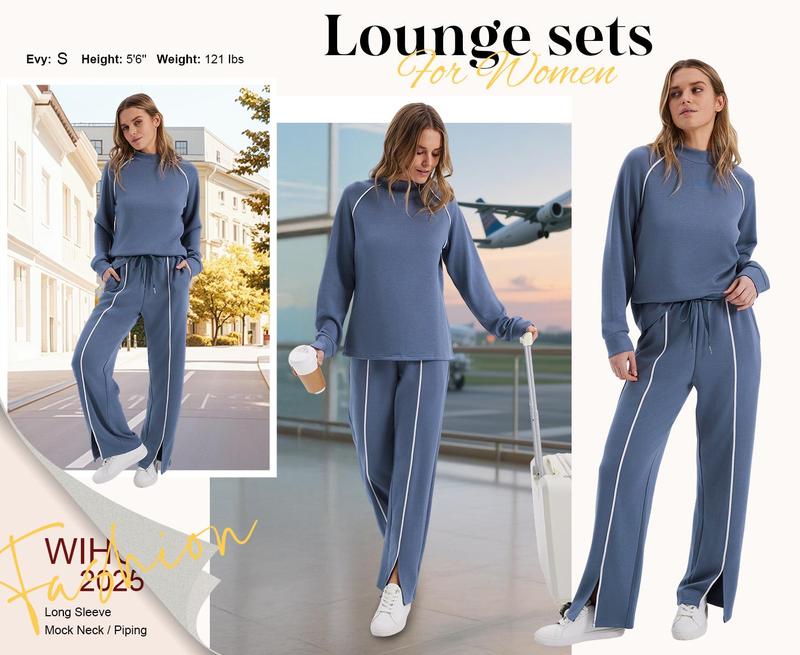 OFEEFAN Women's 2 Piece Lounge Set 2025 Fall Outfits Wide Leg Pant Matching Sets Casual Sporty Soft Fabric Pockets Suits