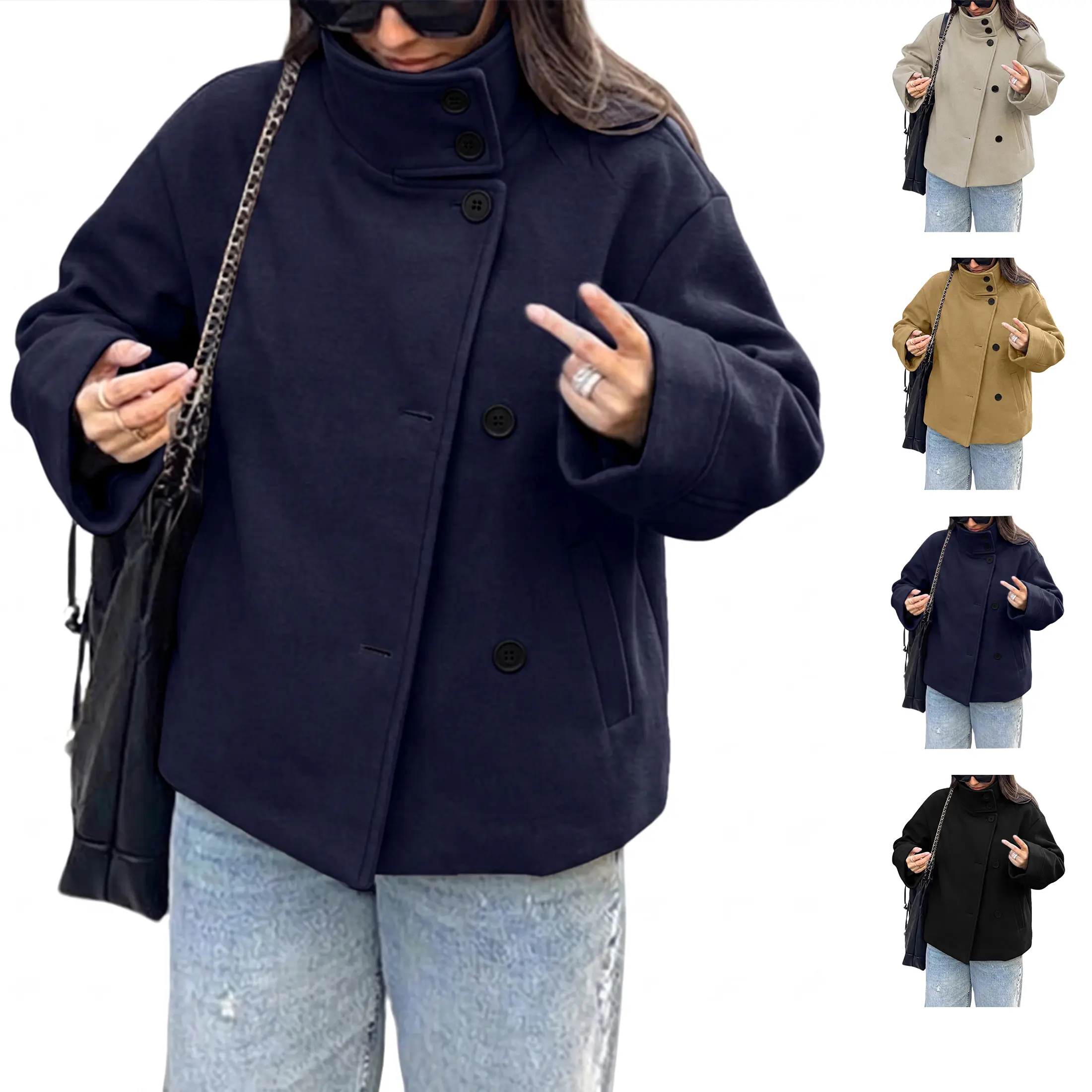 Buenoble Women Oversized Stand Collar Short Wool Blend Pea Coat Loose Double Button Minimalist Winter Casual Outerwear Jacket