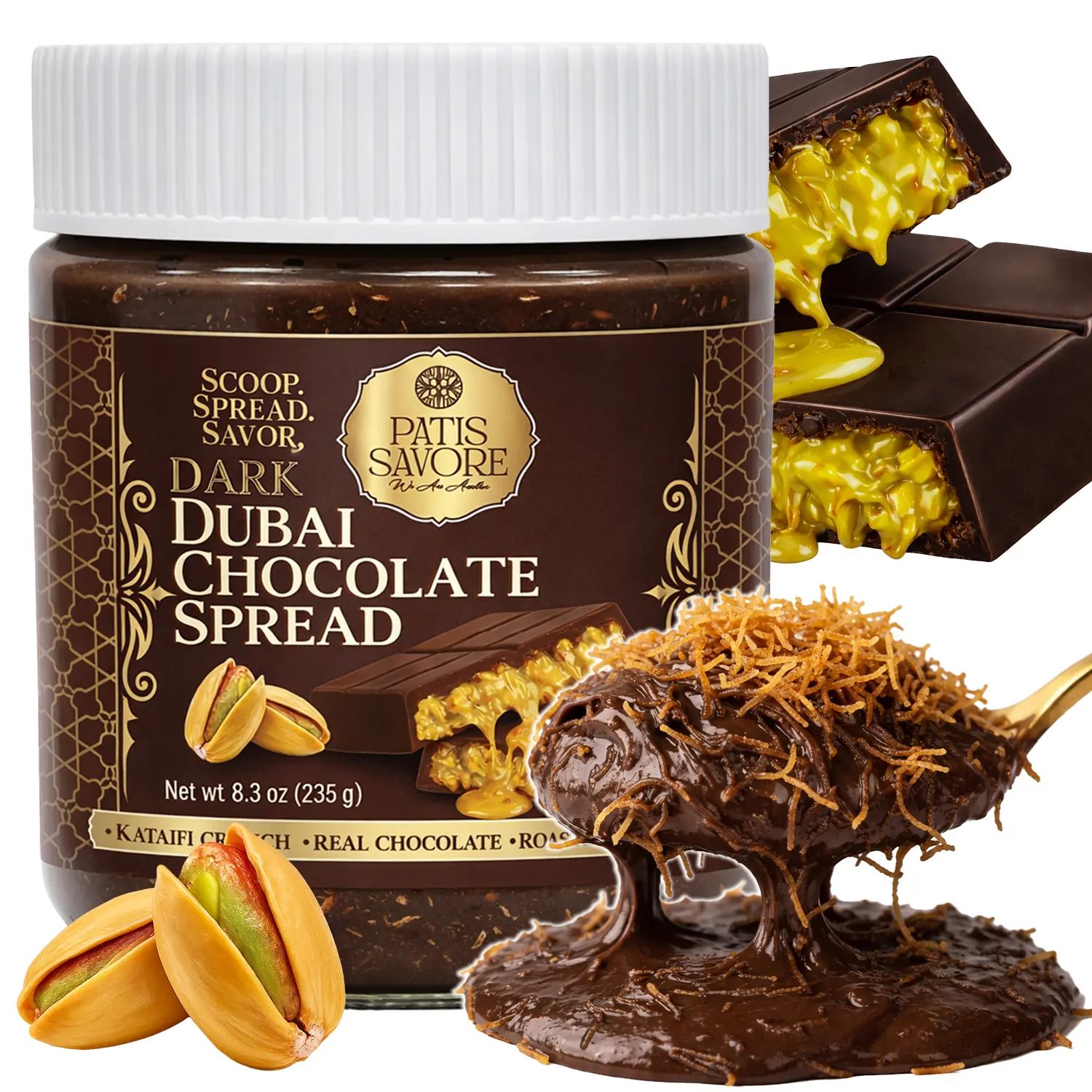 Dubai Dark Chocolate Spread Jar – Crunchy Kataifi & Pistachio Cream – 8.3oz Gourmet Bitter Chocolate – Authentic Middle Eastern Dessert – Chocolate Gift