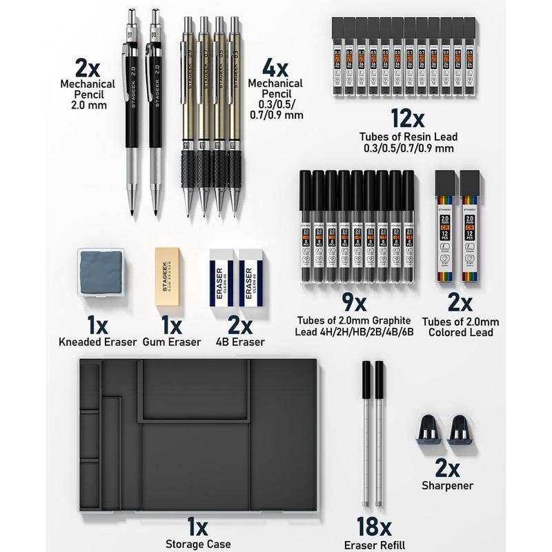 STAGEEK 6 Pack Art Mechanical Pencil Set, Drafting Pencil,3Pack Metal Drafting Pencil 0.5 mm & 0.7 mm & 0.9 mm & 3Pack 2mm Graphite Lead Holder (2B HB 2H) with 492PCS Leads (6B 4B 2B HB 2H 4H Color)For Writing, Sketching Drawing With Lead Refills Case STAGEEK 6 Pack Art Mechanical Pencil Set, Drafting Pencil,3Pack Metal Drafting Pencil 0.5 mm & 0.7 mm & 0.9 mm & 3Pack 2mm Graphite Lead Holder (2B HB 2H) with 492PCS Leads (6B 4B 2B HB 2H 4H Color)For Writing, Sketching Drawing With Lead Refills Case