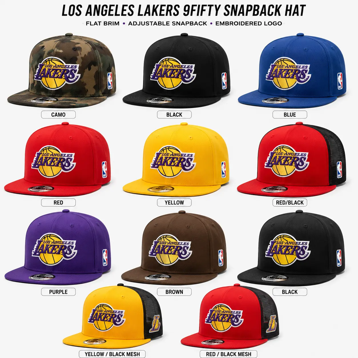 Los Angeles Lakers 9FIFTY Snapback Flat Brim Basketball Hat | Streetwear Cap for Lakers Fans | Black, Yellow, Blue, Red, Purple, Brown, Camo & Red Black