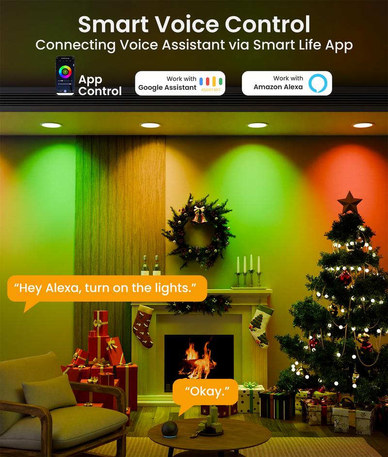 Recessed Lighting 6 Inch with App & Voice Control, 1200LM RGBCW Smart Ceiling Light Work with Alexa & Google, Dimmable LED Recessed Lighting 6 Inch with Timer Music Sync Can Lights, 4 Pack