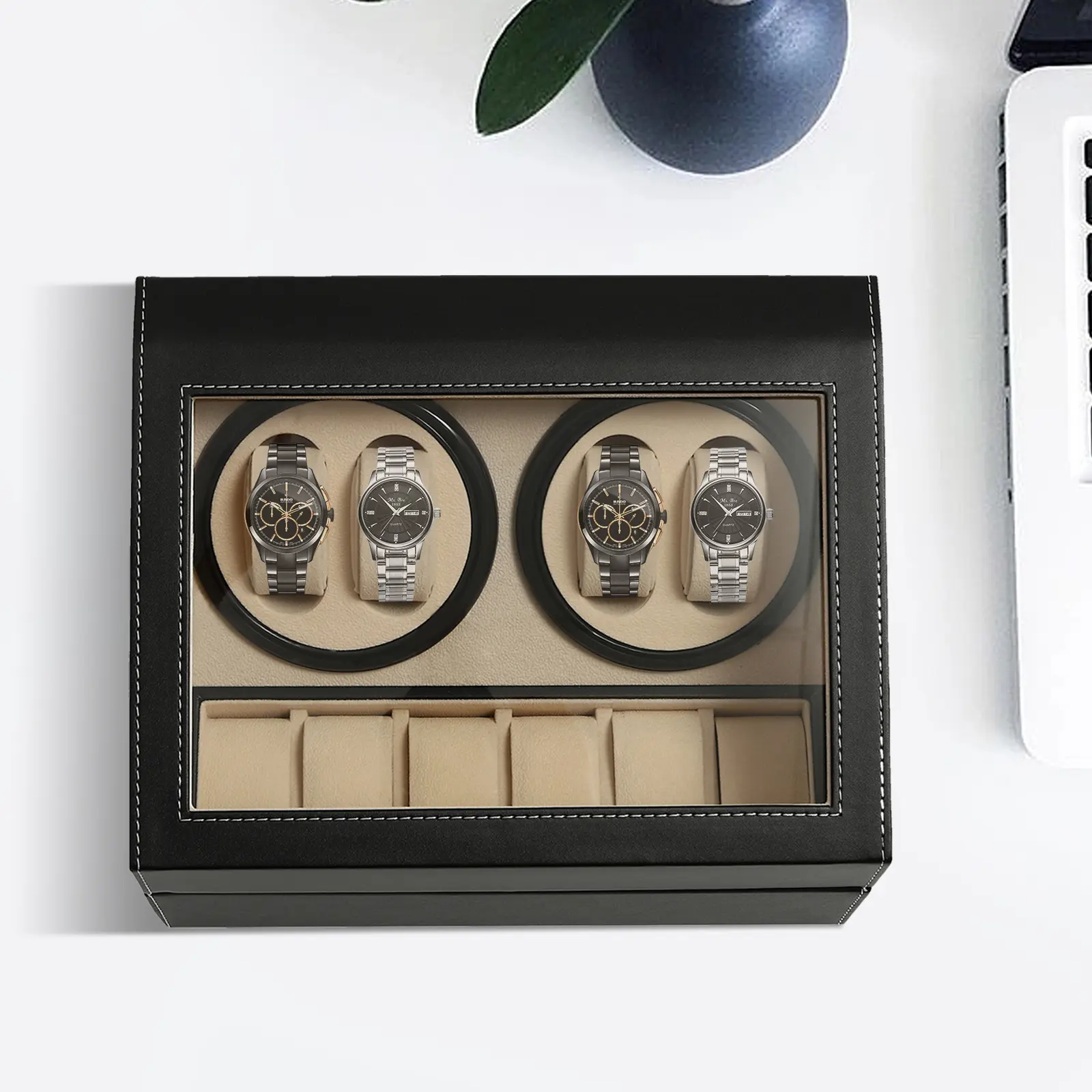 CNCEST 10-Piece Multi-Functional Automatic Watch Winder - Detachable, Dust-Proof, Flexible, Modern, Bidirectional Rotation Box with Glass Display, PU Leather Interior Organizer, Unisex Gift for Men & Women, Detachable Watch Winders, Dust-Proof Watch Winde