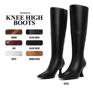 Womens Knee High Boots Square Toe Kitten Heels Fashionable Side Zipper Long Wide Calf Pull On Comfy Party Office Outing Clubbing Event Casual Spring Western Tall Boots