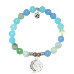 Multi Blue Jade Gemstone Bracelet with 11:11 Sterling Silver Charm