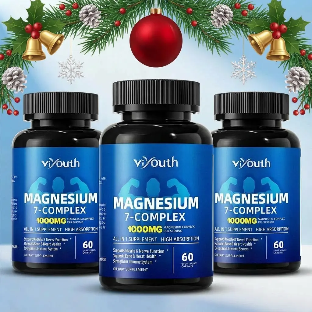 Viyouth 3-Bottle Edible Magnesium Glycinate Capsules Pack - 1000mg 7-Type Multi-Minerals Supplement with Zinc, Sugar-Free, Lactose-Free, Vegetarian, 3rd Party Tested for Relaxation, Gut Support