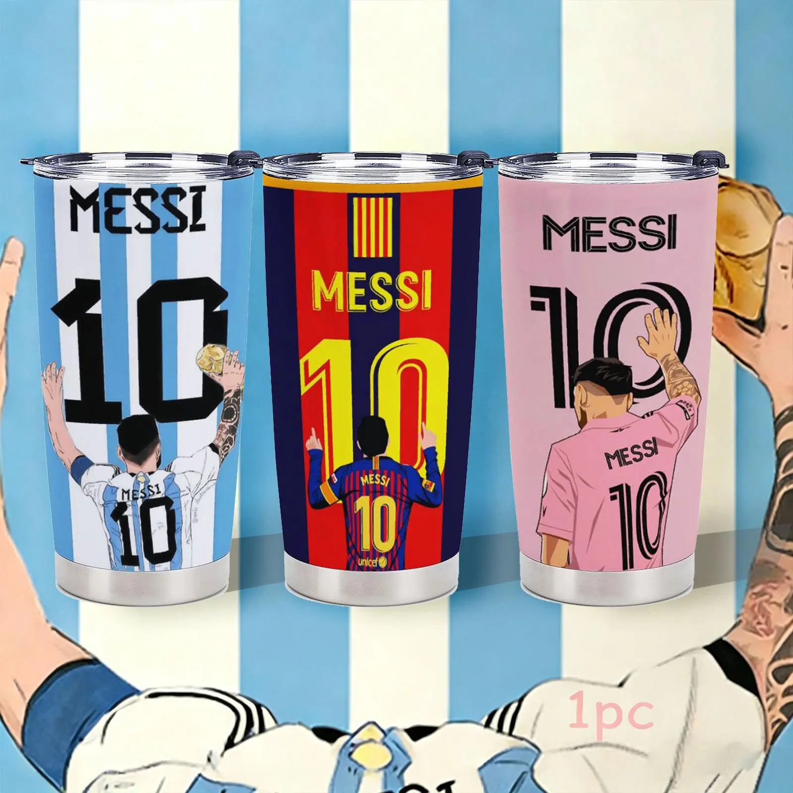 20 oz Messi 10 Design Portable Soccer Vacuum Flask - Double-Wall Stainless Steel Insulated Travel Mug with Lid, Strap, Leak-Proof Daily Carry Tumbler for Hot/Cold Drinks, Football Fan Gift