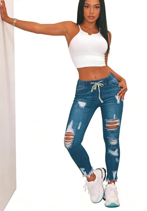 Women's High Waist Skinny Stretch Ripped Jeans Destroyed Denim Pants Plus Size Comfortable Material Fashionable Buttlifting Distressed Look