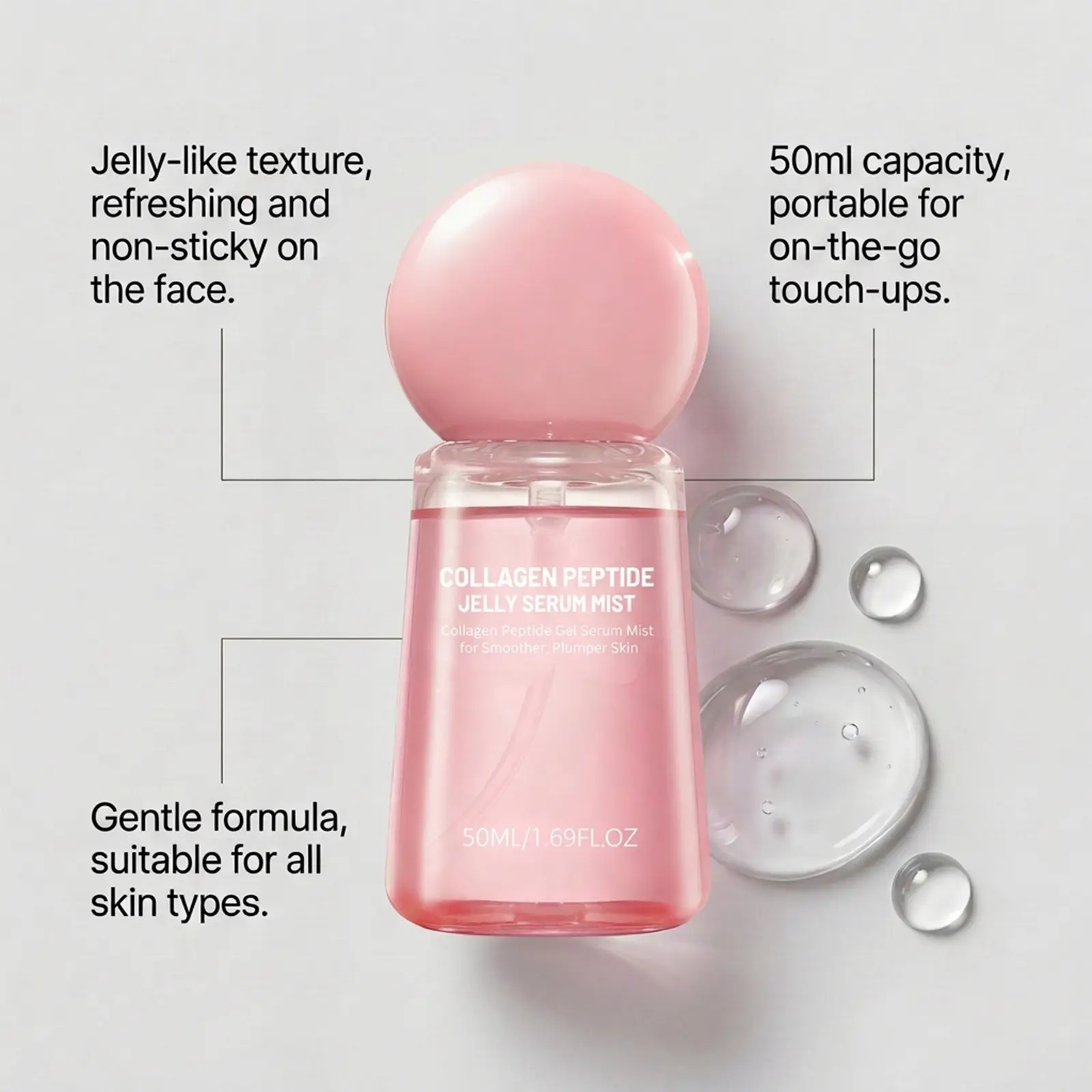 Collagen Peptide Jelly Serum Mist, Lightweight Liquid Hydrator for Adults - Radiant Skin, Dewy Glow, Makeup Prep & Skin Refreshing Daily Face Spray, 50ml, Dewy Skin