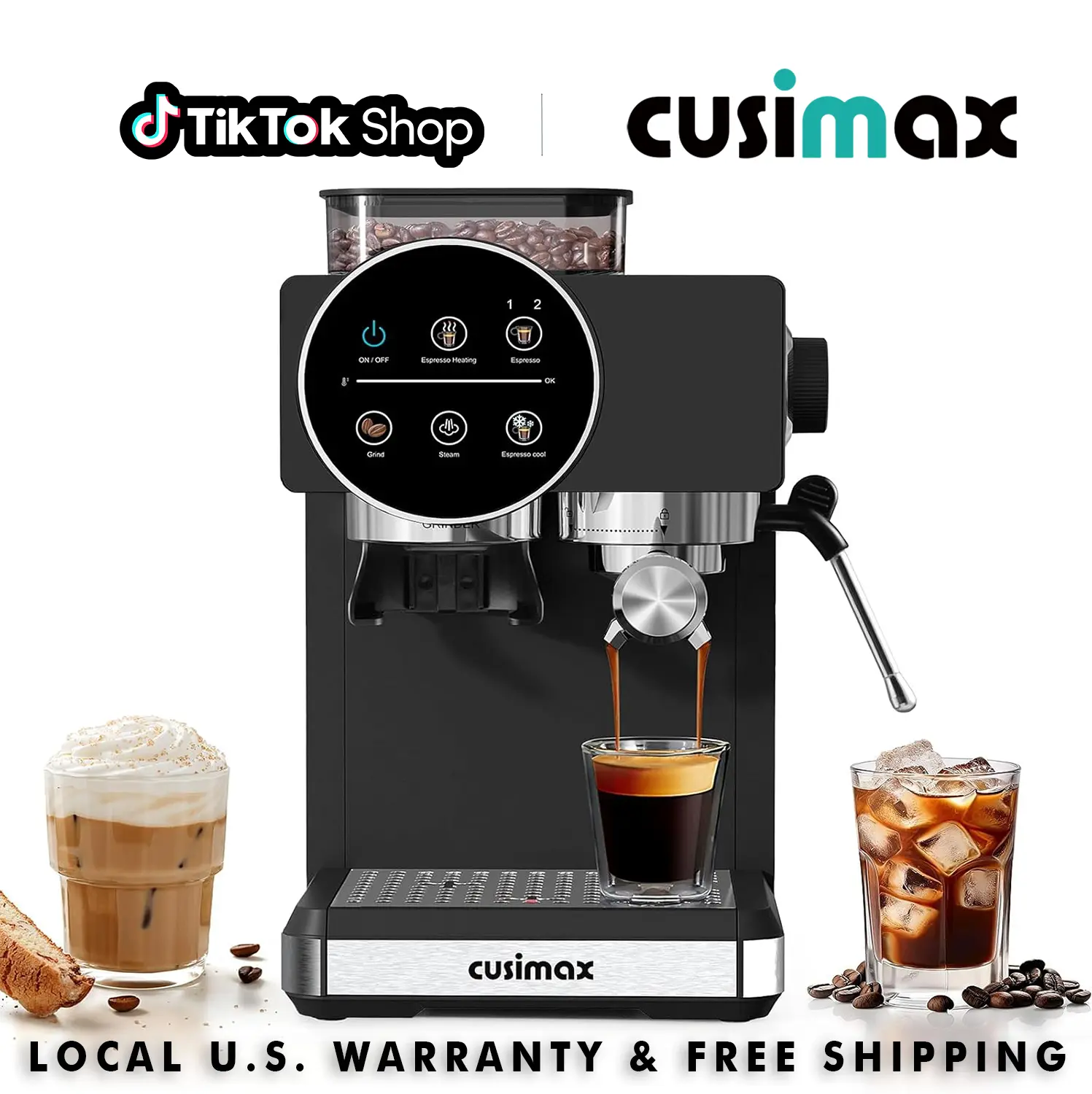 CUSIMAX 20-Bar Compact Semi-Automatic Espresso Machine for Kitchen, At Home Espresso with Built-in Grinder, Milk Frother Steam Wand, 60oz Removable Water Tank, Removable Parts, 1350W Fast Heat, US Plug, Ground Coffee Compatibility, tiktokshopbacktoschool,