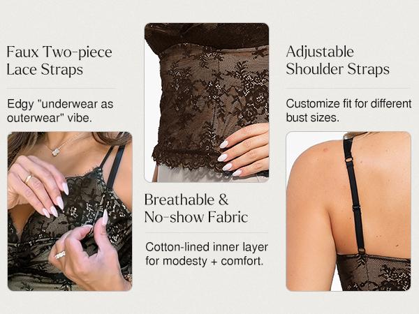 Popilush Elegant Sexy Lace Top Chic Womenswear Deep U Neck Tank Top Adjustable Straps for Women Overall Sleeveless Customized Basic Chic Comfortable Minimalist Elegant Lady Womenswear