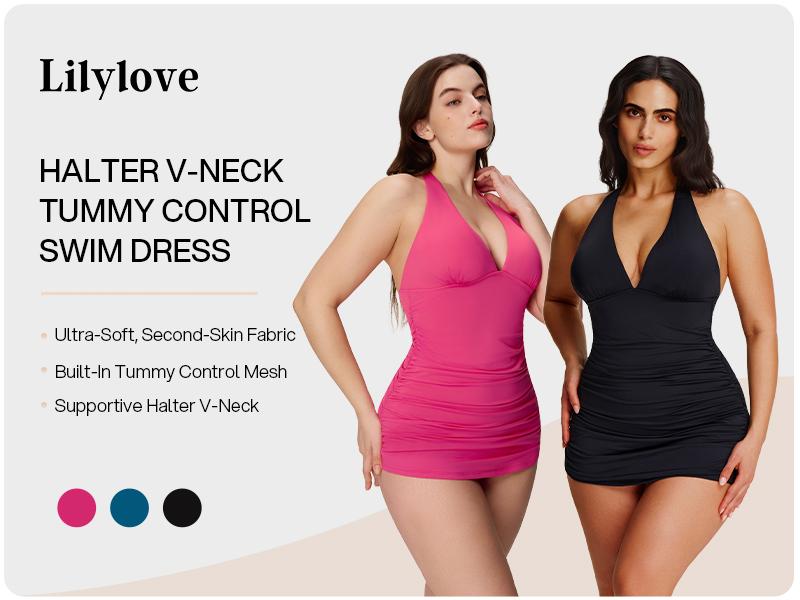 Lilylove 2026 New Women's Halter Tankini Set Ruched V-Neck Sculpting One Piece Swimsuit Tummy Control Slimming Snatched Waist Shapewear Bathing Suit Swimwear Swimming Beach