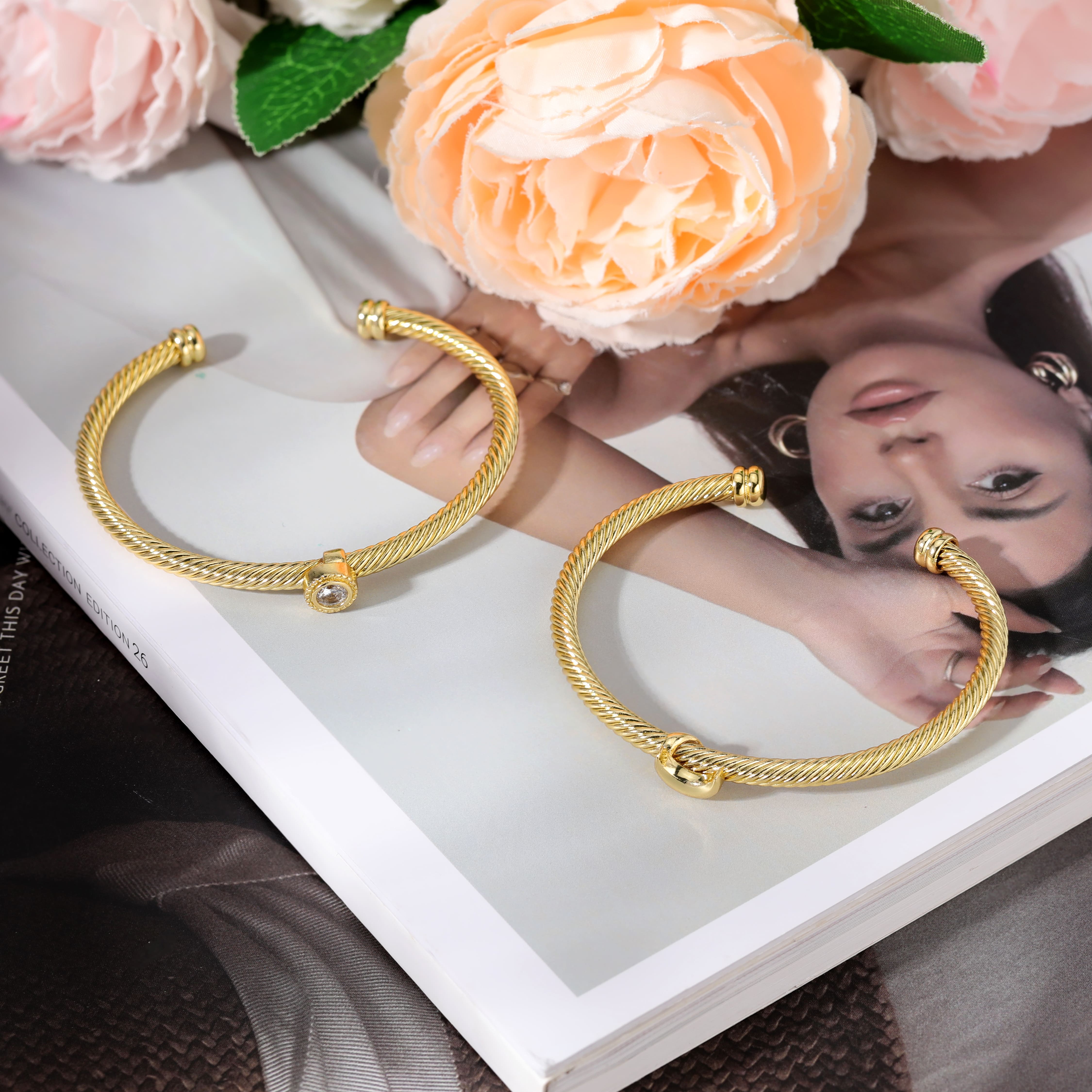 Aprilery Celestial Sun & Moon Cuff Bracelet – Twisted Golden Design with Day-Night Motifs