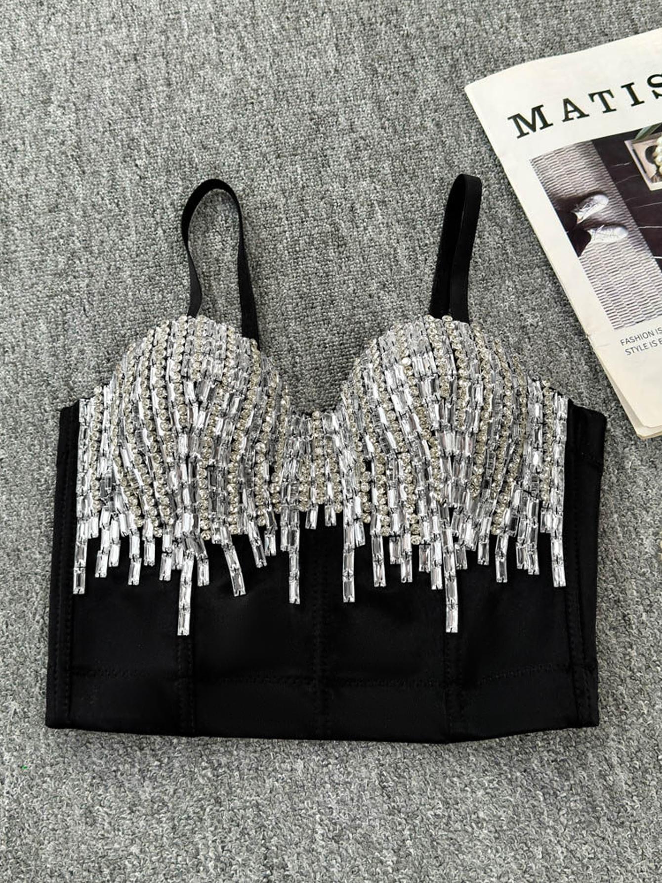 ASANDY Women’s Rhinestone Fringe Bustier Crop Top, Sweetheart Neck Spaghetti Strap Beaded Party Top for Club Nights & Date Nights