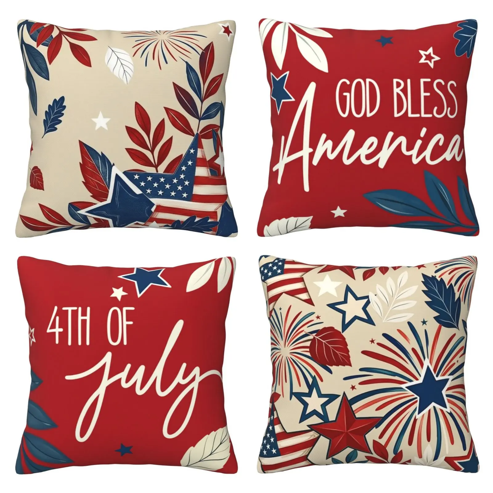 July 4th God Bless America Fireworks Pillowcase, Eucalyptus Leaves Independence Day Memorial Day Star Decorative Cushion Cover, Suitable for Sofa, 4-piece Set with Double sided Printing