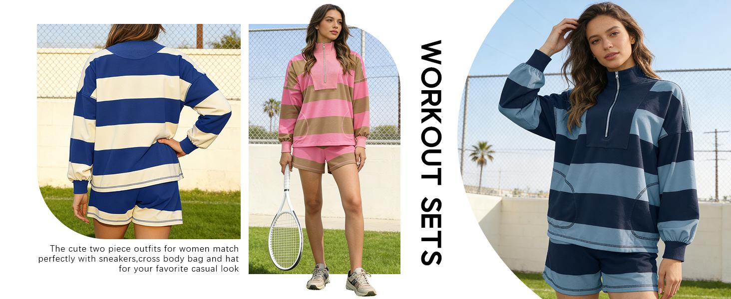 Ommig Women's Lounge Set 2 Piece Striped Long Sleeve Half Zip T-Shirt & Shorts for Summer Autumn Casual Workout Tracksuit in Breathable 100% Cotton