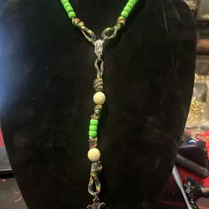 Handmade paracord 5 decade rosary blessed dark rainbow camo wood and Green