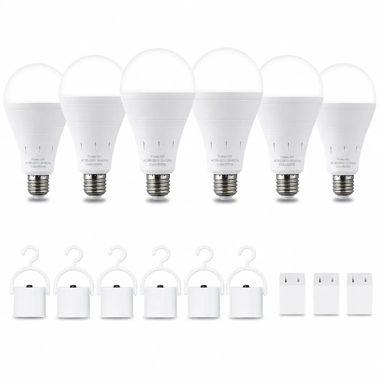 RELAMPBOL 6-Pack Self-Charging Energy-Saving Emergency LED Bulbs - 9W (60W Equivalent), E26 Base, 120V, 6000K Natural Light, 1200mAh Backup Power Battery, for Power Outages, Camping (Ideal for Camping Users, Outdoor Hook Compatible)