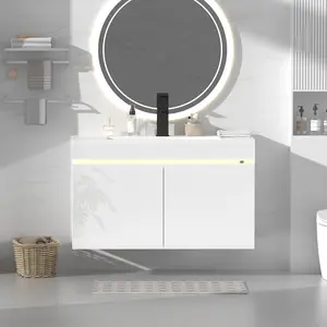 【2 Packages Shipping】AHB 30 inch Bathroom Vanity W/Sink Combo, High Gloss Bathroom Cabinet, Smart Wall Mounted Sink Cabinet Auto Motion Sensor LED Light, Modern Floating Vanity with Faucet Minimal Design