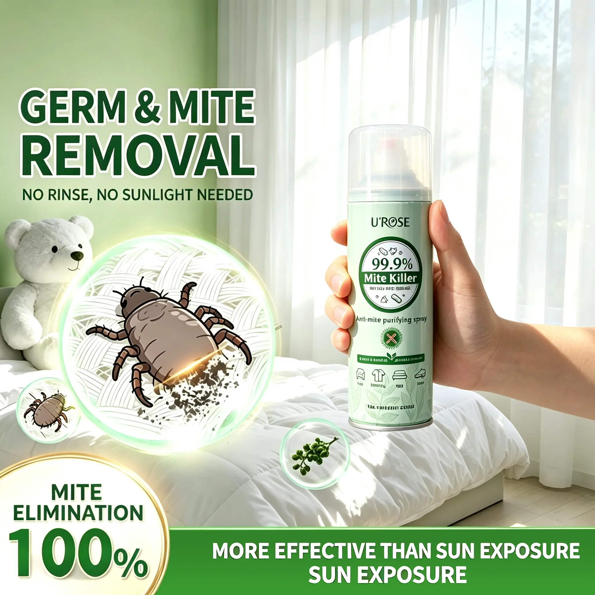 XX[UROSE] 100% Powerful Mite Removal Spray, No Rinse, No Sun Drying, Indoor Disinfection, Suitable for Dormitories, Pets, Pregnant Women and Babies, Multipurpose, Lavender Scent