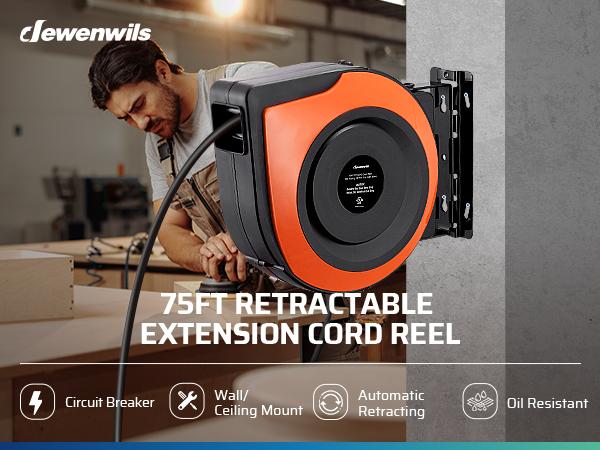 DEWENWILS Retractable Extension Cord Reel, 75 FT Heavy Duty Power Cord, 14/3C SJTOW, Lighted Triple Tap Outlets, 10A Circuit Breaker, Wall/Ceiling Mounted for Garage, Workshop, UL Listed, Cable Wall-HCRA75A DEWENWILS Retractable Extension Cord Reel, 75 FT Heavy Duty Power Cord, 14/3C SJTOW, Lighted Triple Tap Outlets, 10A Circuit Breaker, Wall/Ceiling Mounted for Garage, Workshop, UL Listed, Cable Wall-HCRA75A