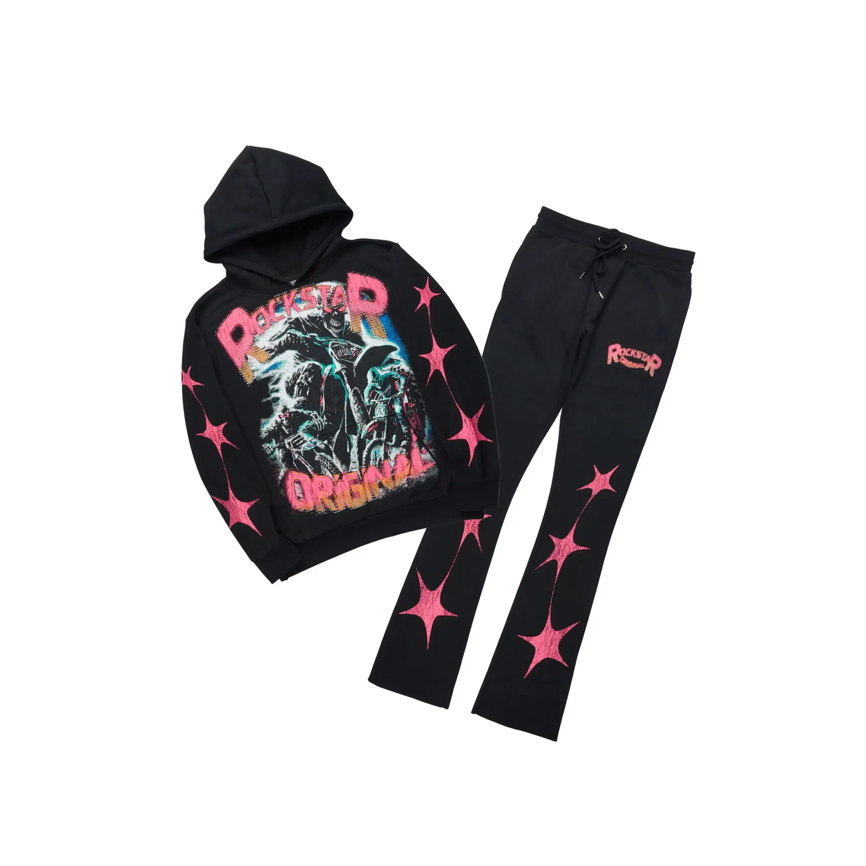 Trezno Black Hoodie/Stacked Pant Track Set