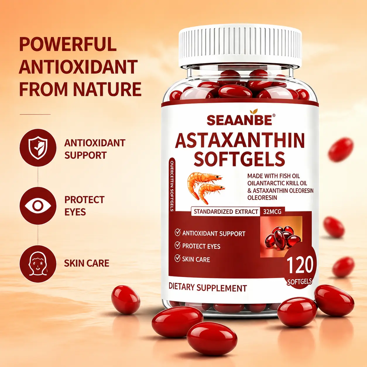 Astaxanthin Softgels , 120Softgels  Triple Strength Skin Vitamins for Women with Antioxidant Activity, Supports Eye Joint Internal Circulation Health Supplement Non-GMO & No Gluten