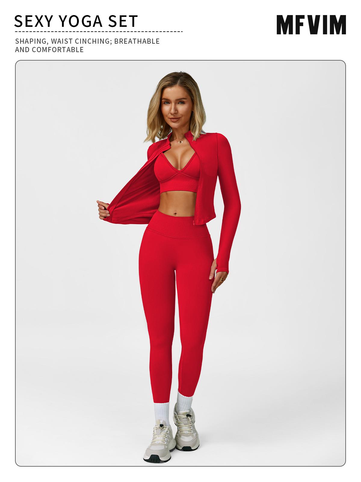 Women's Solid Criss Cross Crop Tank Top & High Waist Leggings & Zip Up Crop Jacket Tracksuit Set by MFVIM - Breathable Comfortable Outfits for Yoga, Gym, Workouts, Running, Yoga Wear, Workout Gym Clothing, Gym Sportswear, Casual Activewear SpringStatement
