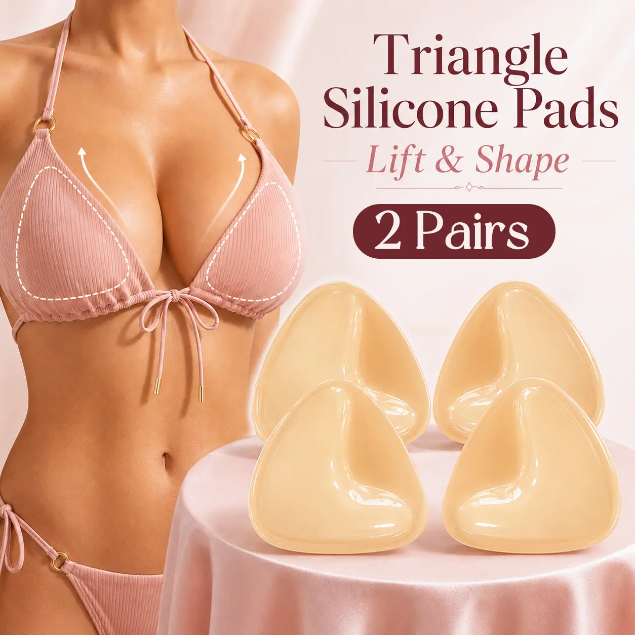 Women's Adhesive Triangle Push-Up Bra Inserts - 2 Pairs (4 Pads), Double-Sided, Reusable Waterproof, Invisible Lift, Discreet Wireless, Adjustable, Light Removable Bust Enhancer, Everyday Use, Nude, Hand Wash, Bikini-Friendly