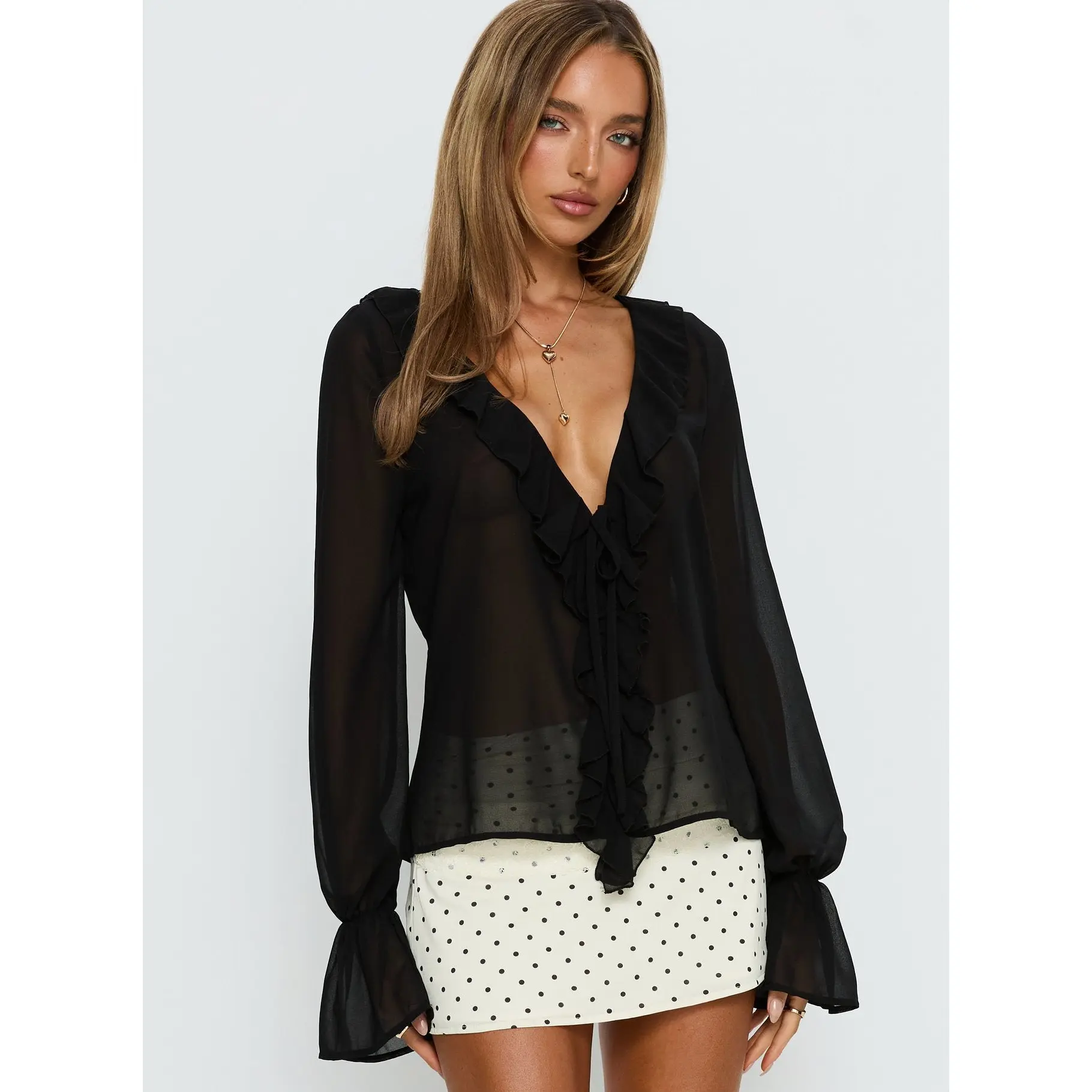 Taraya Sheer Ruffle Blouse Top Black
