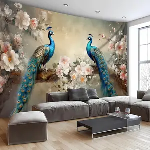 1 Sheet, Oversized Elegant Peacock and Floral Print Wall Hanging, Woven Peach Skin Velvet Fabric, Animal Themed Interior Decor, Polyester Hanging for Living Room, Bedroom, Office - Easy to Install