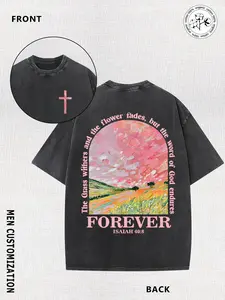 Men'S Vintage Religious T-Shirt - 40:8 Bible Verse Graphic Tee, Soft Washed Cotton Crewneck Shirt for Church, Prayer Groups & Everyday Faith-Based Apparel - Black with Pink & Orange Sunrise Design, Church Cloth