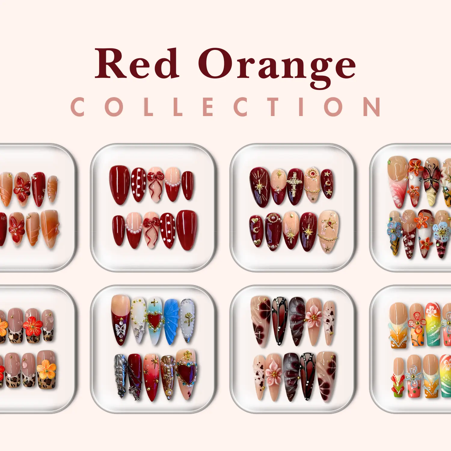 NailPhoria RED / ORANGE Collection - Handmade Press-On Nails | Reusable, Salon-Quality, Long-Lasting, Glossy Design
