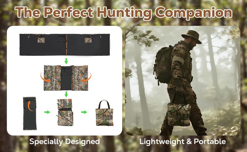 Hunting Blinds Cover, 142" x 35" Large Tree Stand Blinds Cover, Enhanced Securing Ties for Tree Stand Blind Kit, Deer Hunting Accessories with Silent Buttons, Camo Netting with Zipper